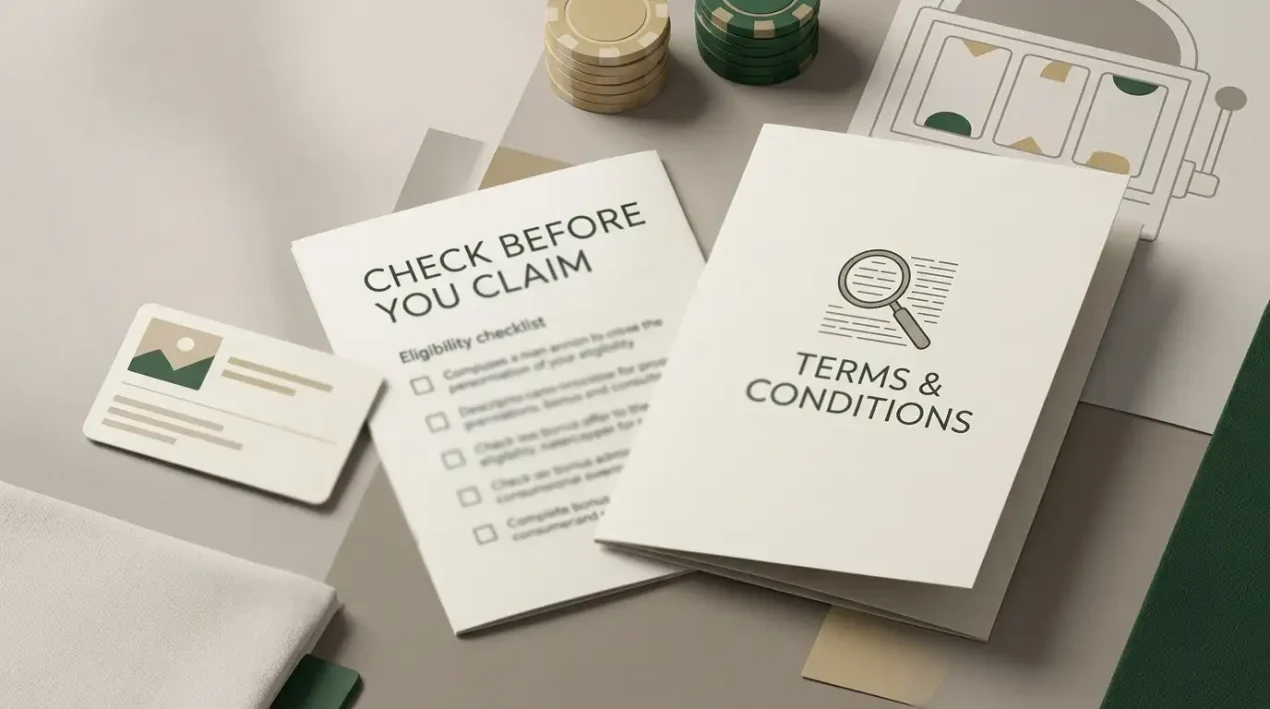 Editorial illustration of a bonus card beside an eligibility checklist and terms document