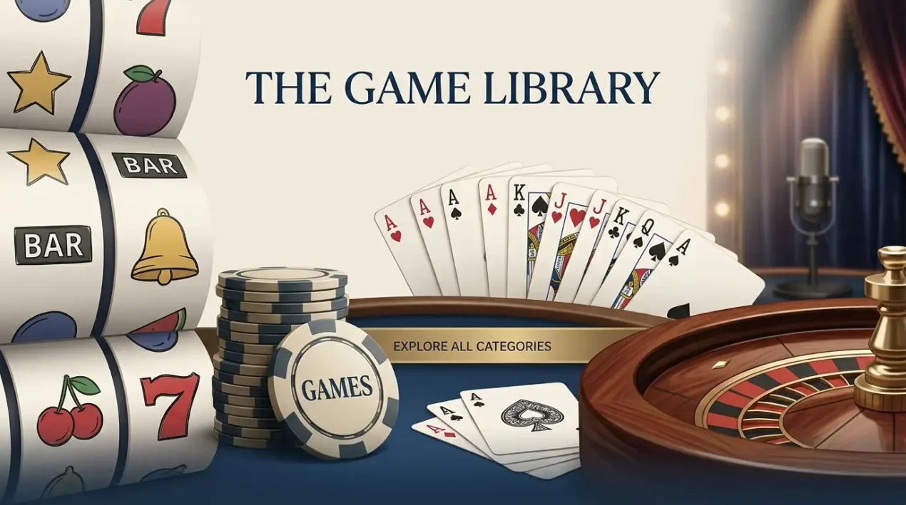 Generic illustration combining slot reels, table-game chips and live-casino cues