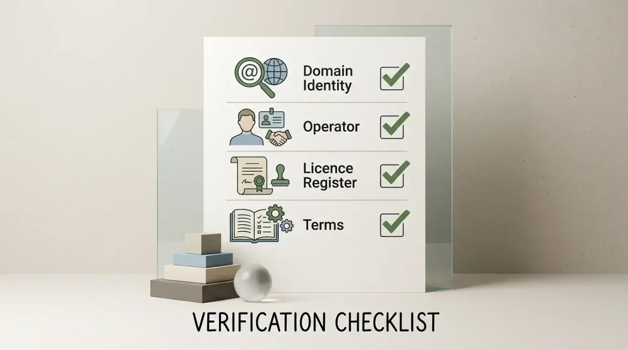 Editorial checklist for checking casino operator, domain, licence and terms