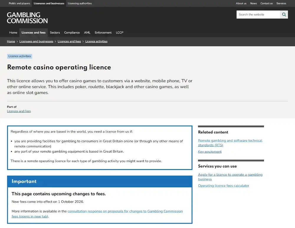 UK Gambling Commission remote casino operating licence guidance