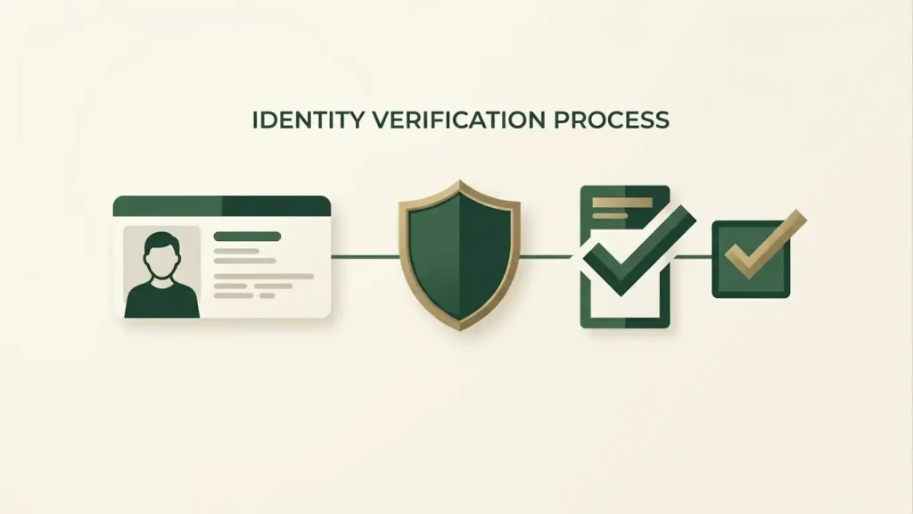 Neutral identity-verification illustration with account, shield and document-check symbols