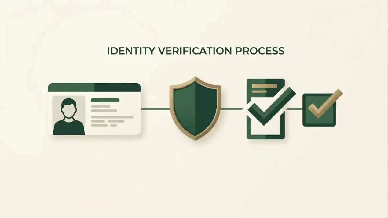 Neutral identity-verification illustration with account, shield and document-check symbols