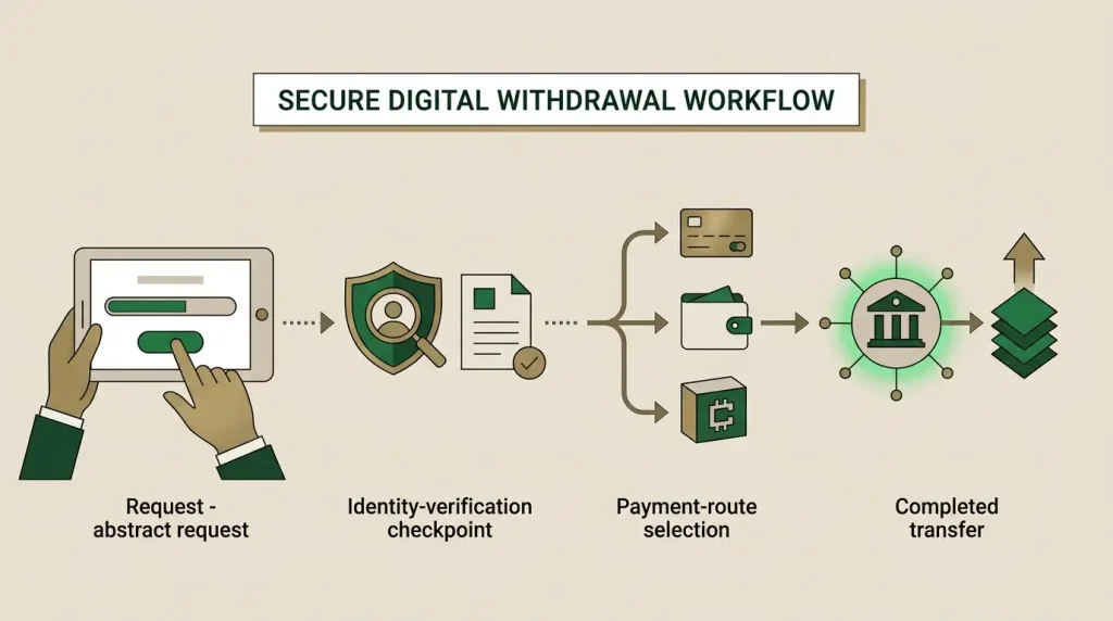 Editorial illustration of a withdrawal request moving through verification and payment-route checks
