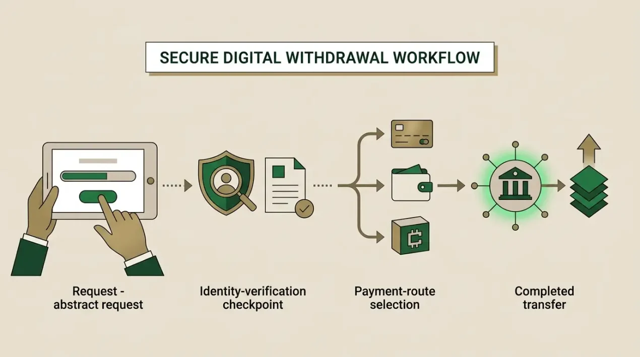Editorial illustration of a withdrawal request moving through verification and payment-route checks