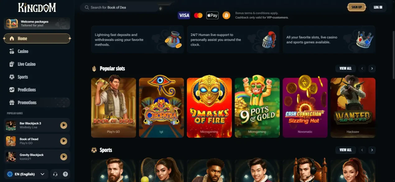 image of the current Kingdom Casino homepage or lobby