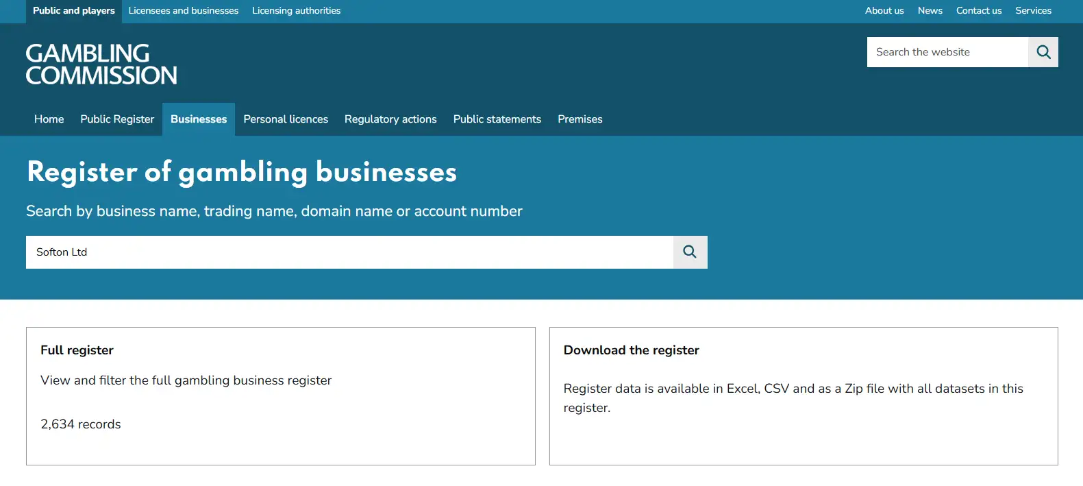 UK Gambling Commission public register interface used for a Kingdom Casino licence check