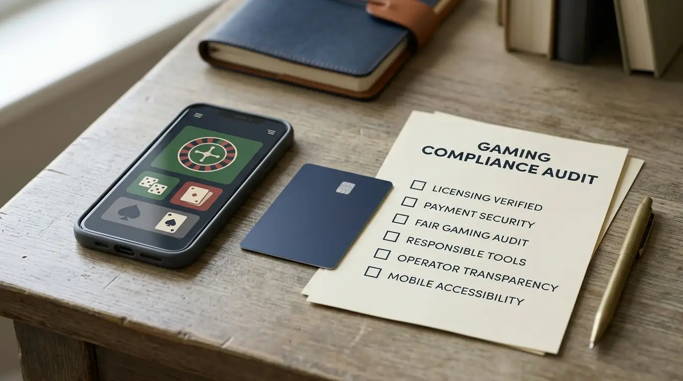 Editorial illustration of mobile casino access, payment methods and a compliance checklist